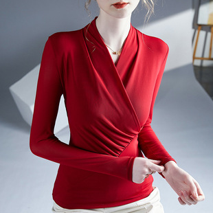 2025 Spring & Fall Popular New Design V Neck Long-Sleeved Spring & Fall T-Shirt with Bottoming Shirt Sexy and Stylish Shirt