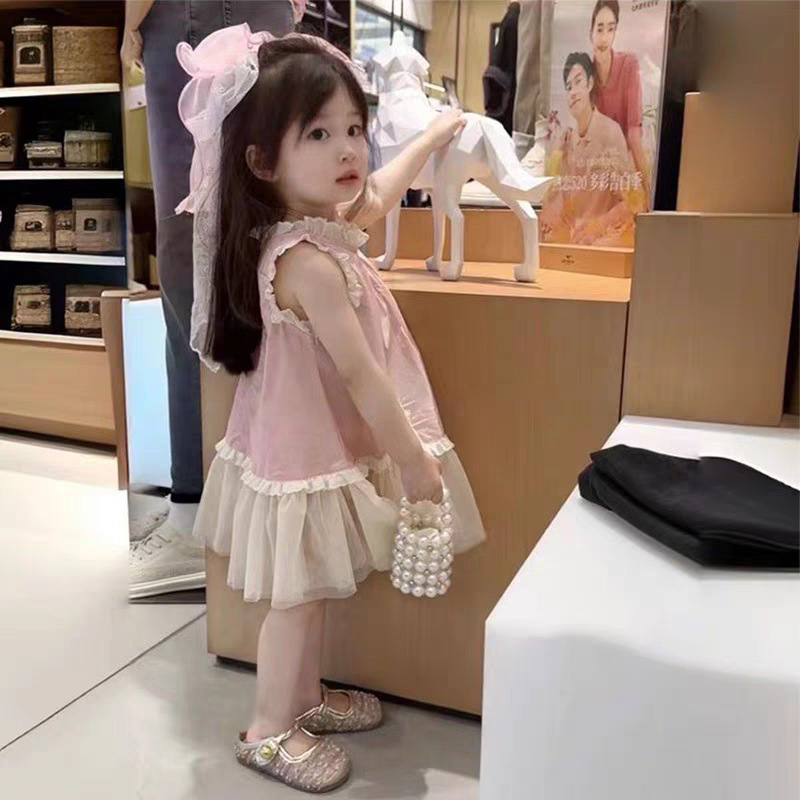 Vestido azul de estilo occidental con orejas de madera para niñas, vestido de chaleco sin mangas para niños pequeños y medianos, vestido de verano de encaje dulce