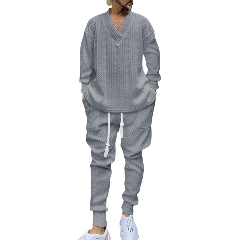 2024 hombres grandes con cuello en V jacquard prendas de punto de otoño e invierno Nuevo Amazon estación independiente europea y americana de ocio traje deportivo