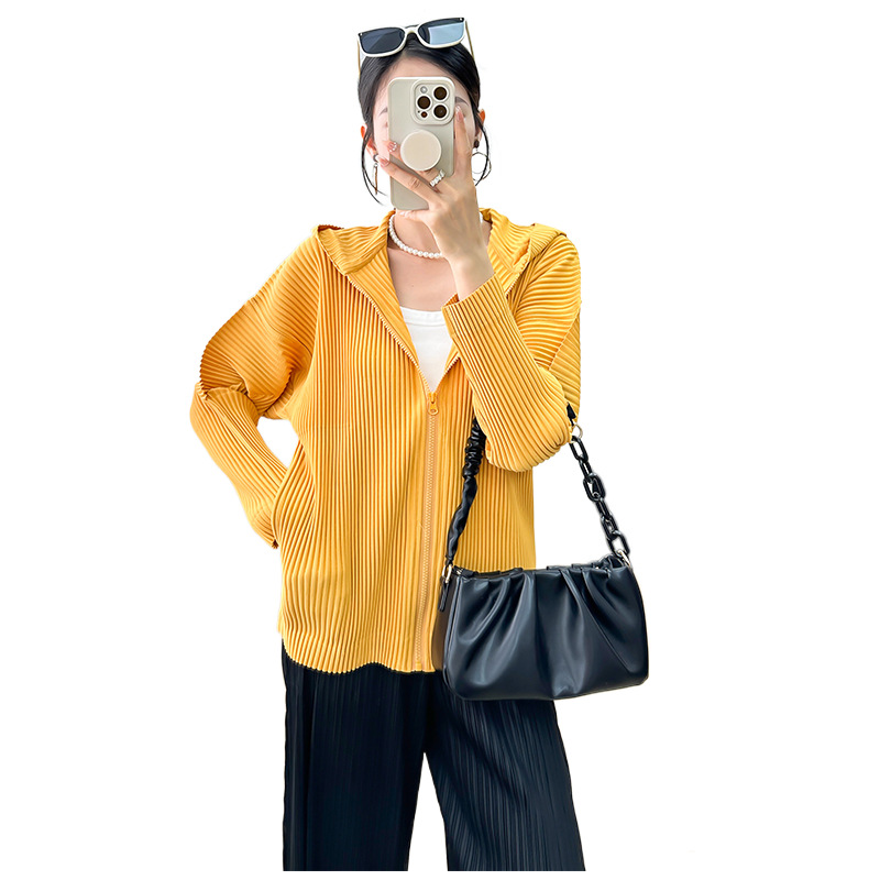 Comercio exterior Sanzhai Top para mujeres 2023 otoño nuevo casual simple versátil plisado de alta gama cremallera cardigan chaqueta con capucha