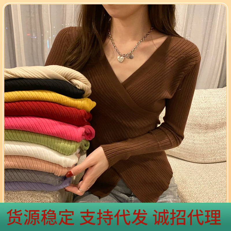 Core-spun Yarn/in stock Sexy Crossover V-neck Slim-fit Knitted Shirt New Korean Style Long Sleeve Top Pullover Base Shirt Core-spun Yarn/in stock Sexy Crossover V-neck Slim-fit Knitted Shirt New Korean Style Long Sleeve Top Pullover Base Shirt