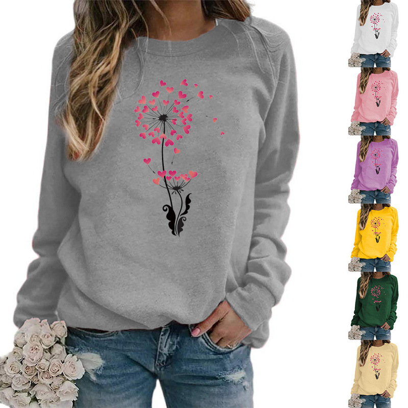 Cross-border Foreign Trade Sources Dandelion Love Printing Round Neck Long Sleeve Sweatshirt Women's Coat European Size Loose plus size