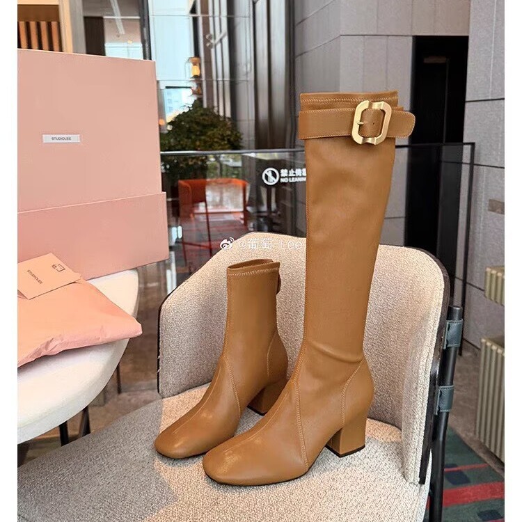 Grape Mom Studiolee 7cm Thick Heel~ Zhang Yuanying's Same Style Gold Buckle Half-Zip Thick Heel Long Riding Boots