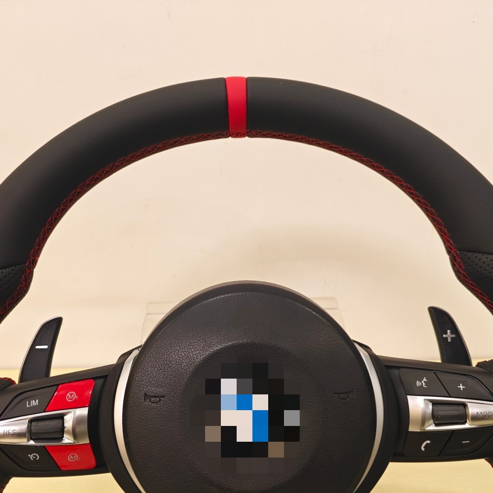 New red button with stitching alignment suitable for all BMW models, including the F10, F30, E90, and E92 steering wheels