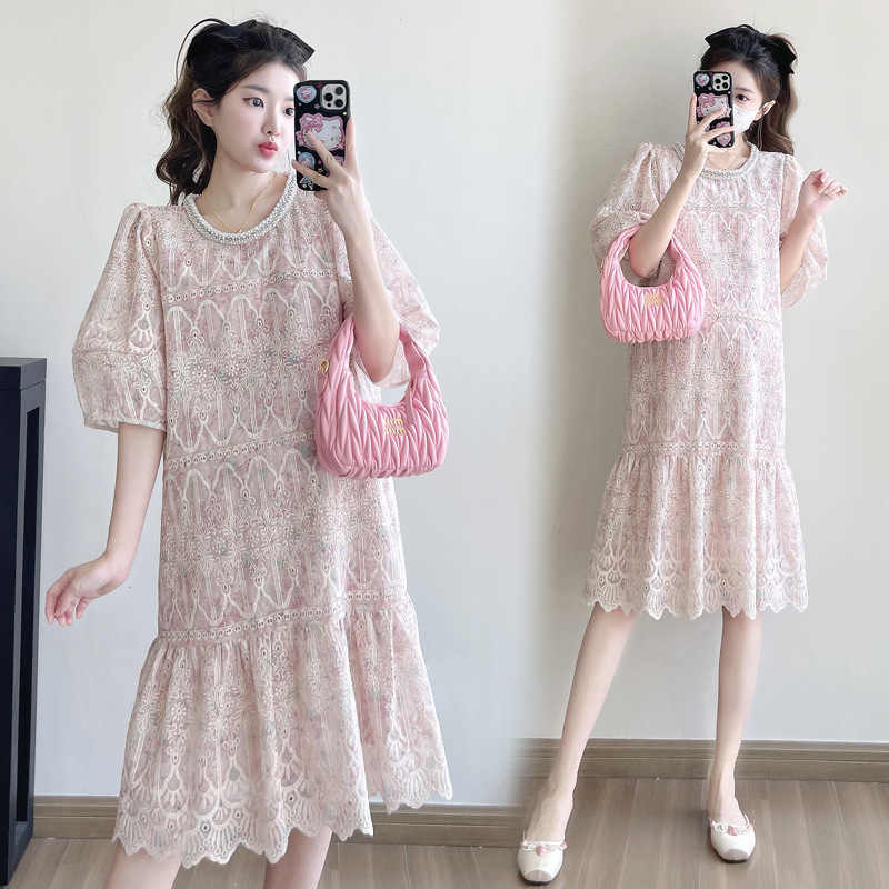 Small Fragrant Style Pink Jacquard Pregnant Women's Dress French High-end Refined Elegant Loose Belly-covering Slimming Pregnant Women's Dress