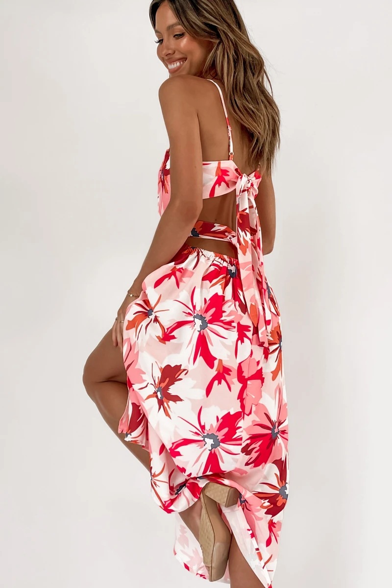 summer red floral print wrapped chest slit dress  NSCXY120969