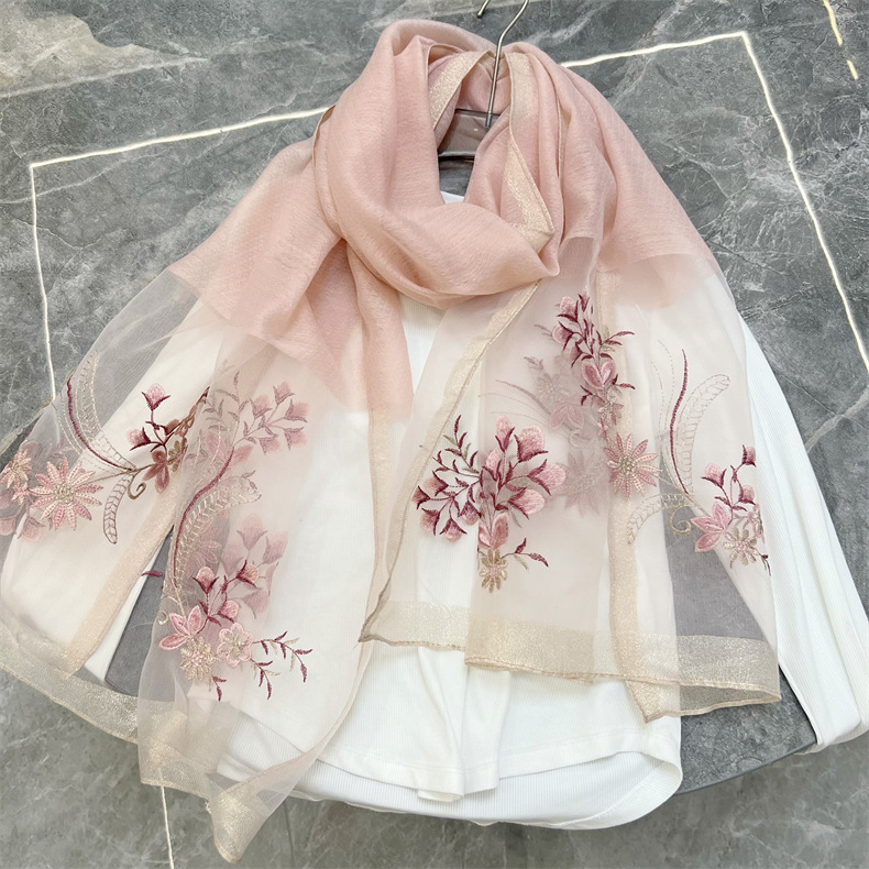 150g Weight Silk Scarf Classification Travel Occasion Polyester Material Flower Pattern Spring, Autumn Season Women's Gender Embroidery Design Elegant Style Women's Elegant Flower Polyester Embroidery Silk Scarf 13
