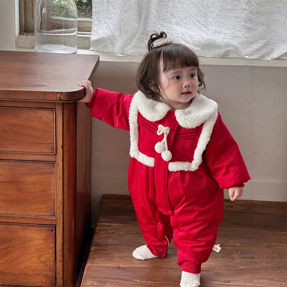 Ropa de invierno para bebé, lindo abrigo de algodón grueso cereza, ropa de año nuevo para bebé, ropa roja de año nuevo, ropa exterior, mono de año nuevo