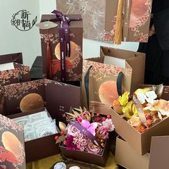 中秋新品月饼花盒复古高档手提鲜花礼品盒子新中式鲜花艺包装材料