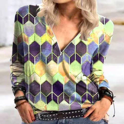  New European and American Women's Clothing eBay Bestseller Street Fashion Women's Top with Geometric Print Zipper Long Sleeve T-Shirt for Women