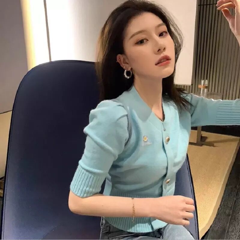 Purple Puff Sleeve Knitted Short-sleeved Top Women's Spring/Summer 2022 New French Retro Short V-neck Sweater