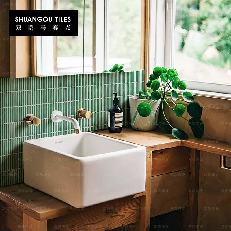 简约长条马赛克瓷砖卫生间浴室窑变陶瓷筷子砖蓝绿色背景墙内墙砖