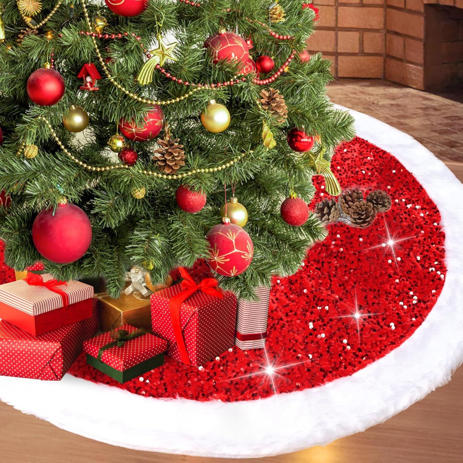跨境圣诞树裙彩色亮片长毛绒树群圣诞树底地垫装饰毯