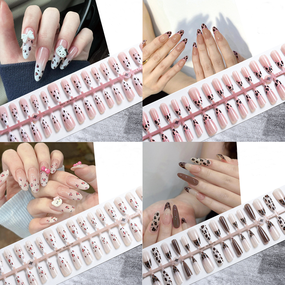 Talla dividida, uñas de uñas con estampado de leopardo francés, estilo ins, uñas prefabricadas francesas sexy, uñas de almendras en contraste