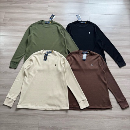 RL embroidered pony round-neck long-sleeve T-shirt, heavyweight 230 classic waffle knit base layer