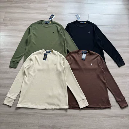 RL embroidered pony round-neck long-sleeve T-shirt, heavyweight 230 classic waffle knit base layer