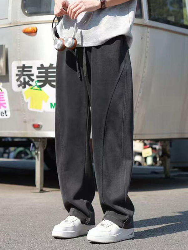 男生休闲裤慵懒重磅卫裤男直筒男裤抽绳阔腿弯刀裤宽松水洗运动裤|undefined