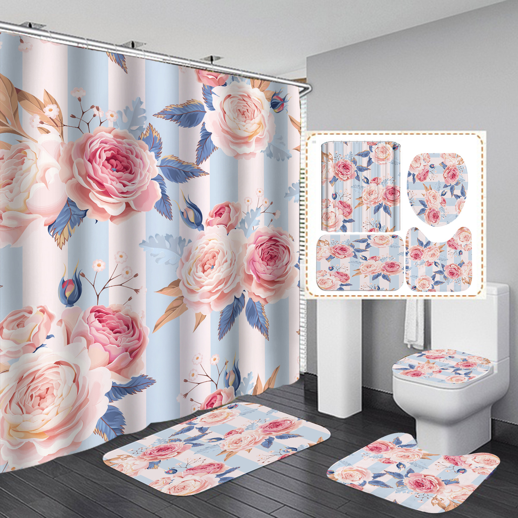 Amazon Venta caliente HD Impresión digital poliéster serie de flores traje baño cortina ducha fábrica suministro directo