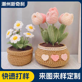 手工DIY郁金香小雏菊草莓手编牛奶棉毛线钩织盆栽摆件花成品定制