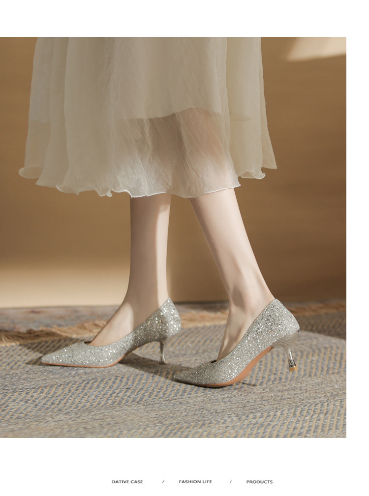 Giày cao gót mũi nhọn sequin lấp lánh CG6018 – miệng nông, gót nhọn — Màu Sâm panh chi tiết 9