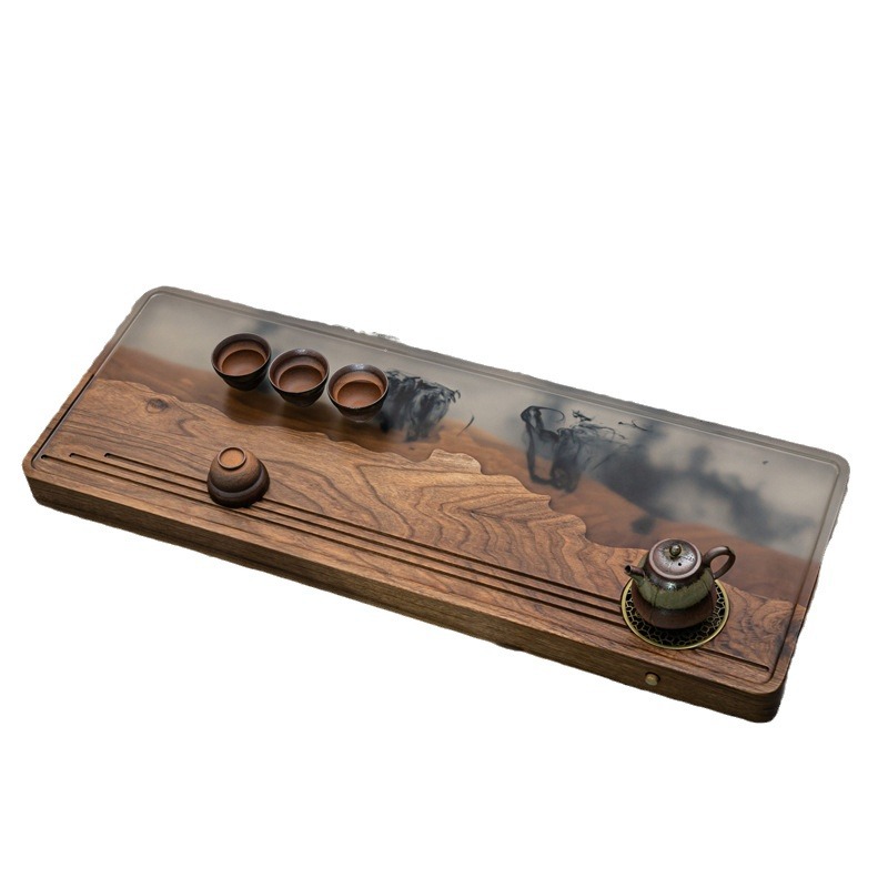 bandeja de té de resina de nuez, mesa de burbuja seca de madera sólida de alta gama, sala de estar doméstica, nueva bandeja de té china grande