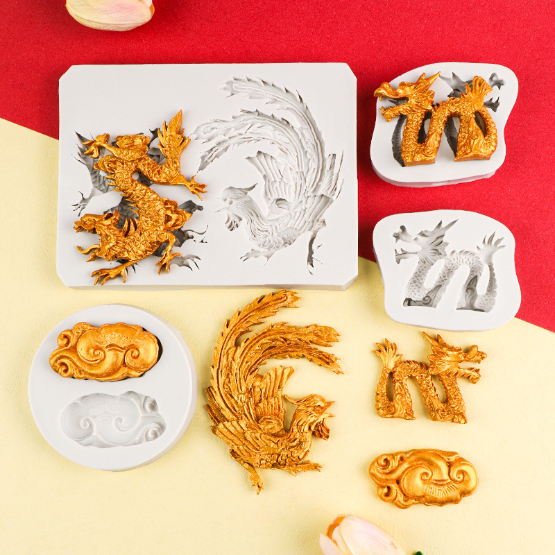 Patrón de dragón y Fénix de estilo chino Dragon Xiangyun molde de silicona pastel fondant borde molde de hornear epoxi aromaterapia molde de yeso