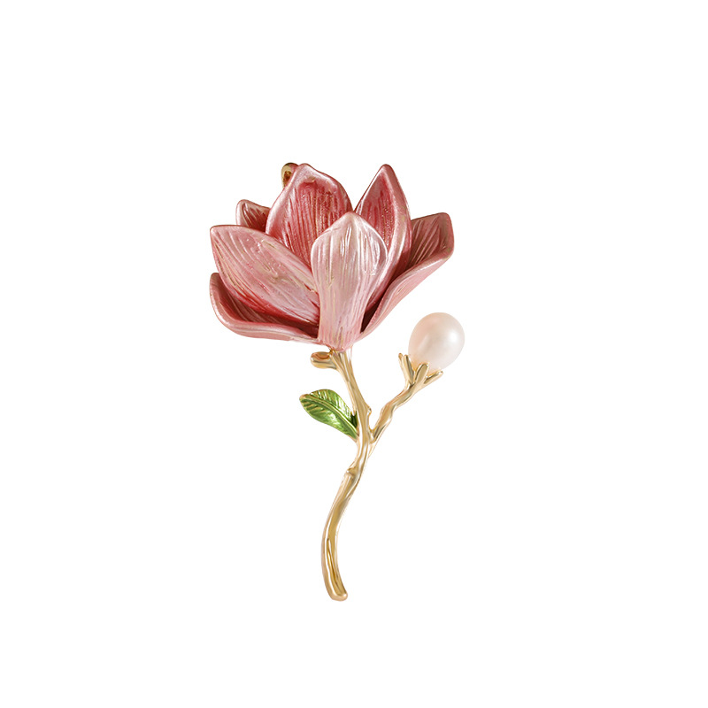 Elegante Magnolienblüten Brosche In Rosa Mit Perle Und Emaille_voghion.com