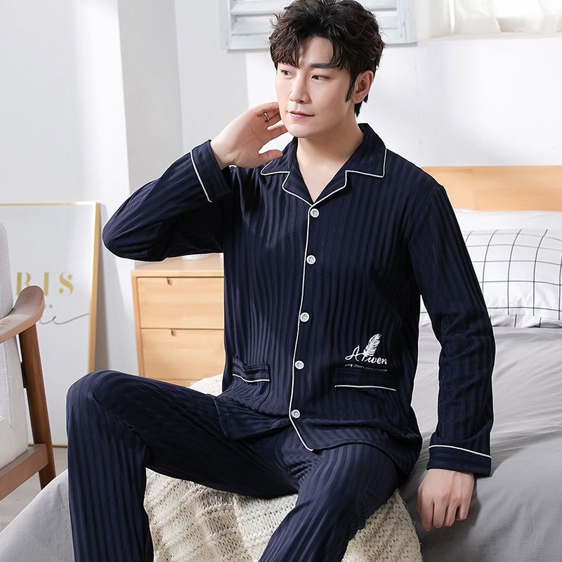 Pajamas de algodón extra grande primavera y otoño hombres cardigans de manga larga juventud de mediana edad ropa de hogar simple y suelta