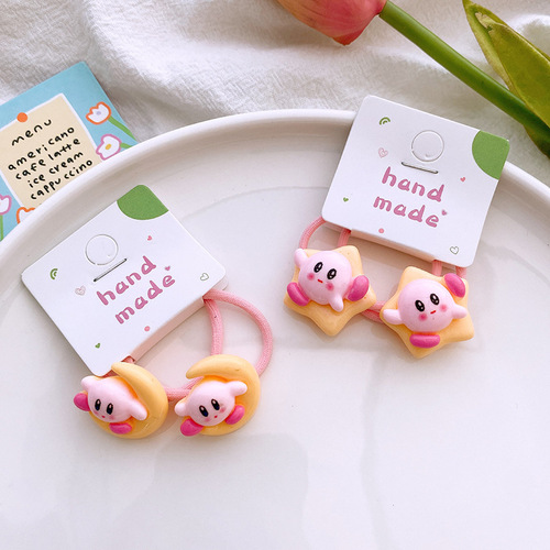 2 pink cute cartoon Kirby hair ties, high elastic hair ropes and rubber bands, versatile hair accessories for students, girls and children
