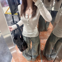 美式白色亨利U领正肩长袖t恤女秋季2025新款修身显瘦收腰辣妹上衣
