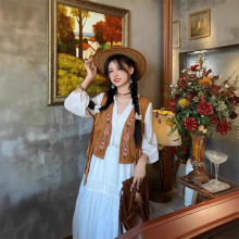 2024跨境新品复古流苏绣花民族风马甲女外搭旅行白色连衣裙