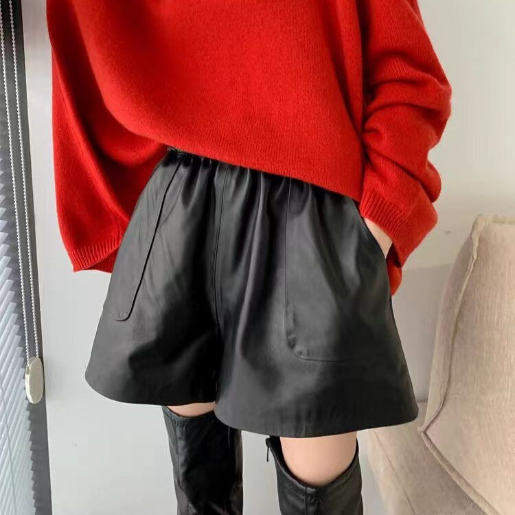 Sheepskin Casual Pants High-Waisted Loose Wide-Leg Genuine Leather Shorts for Women 2026 Autumn New Elastic Waist Plus-Size Boot Pants Sheepskin Casual Pants High-Waisted Loose Wide-Leg Genuine Leather Shorts for Women 2026 Autumn New Elastic Waist Plus-Size Boot Pants