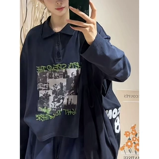 美式复古宽松印花翻领长袖T恤女2026早秋新款遮肉显瘦卫衣上衣潮