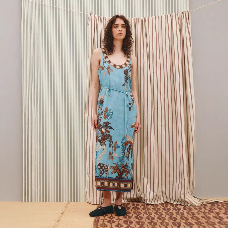 2026 European and American Cross-Border New Printed Linen Fashion Versatile Dress