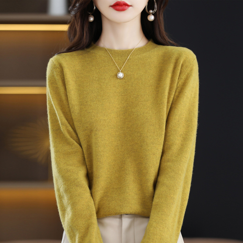 Nuevo otoño temprano cuello redondo 100 suéter de lana de las mujeres de moda simple flojo adelgazar punto manga larga que basa la camisa suéter de las mujeres