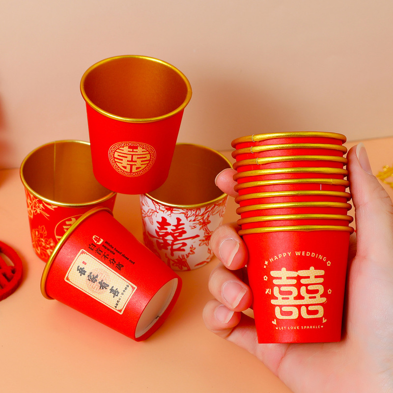 Wedding Disposable Paper Cup Thickeneded Wedding Cup Small 50ml Wedding Banquet Gold Foil Red Toast Cup for Wedding