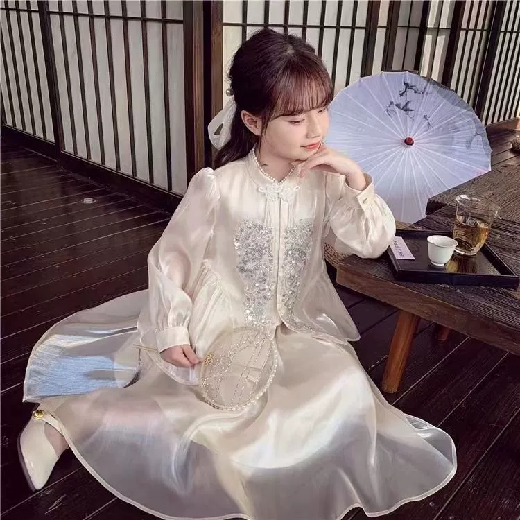 Новое китайское платье для девочек с длинными рукавами, весна-осень 2025, новый стиль, юбка с длинными рукавами, национальный стиль династии Хань