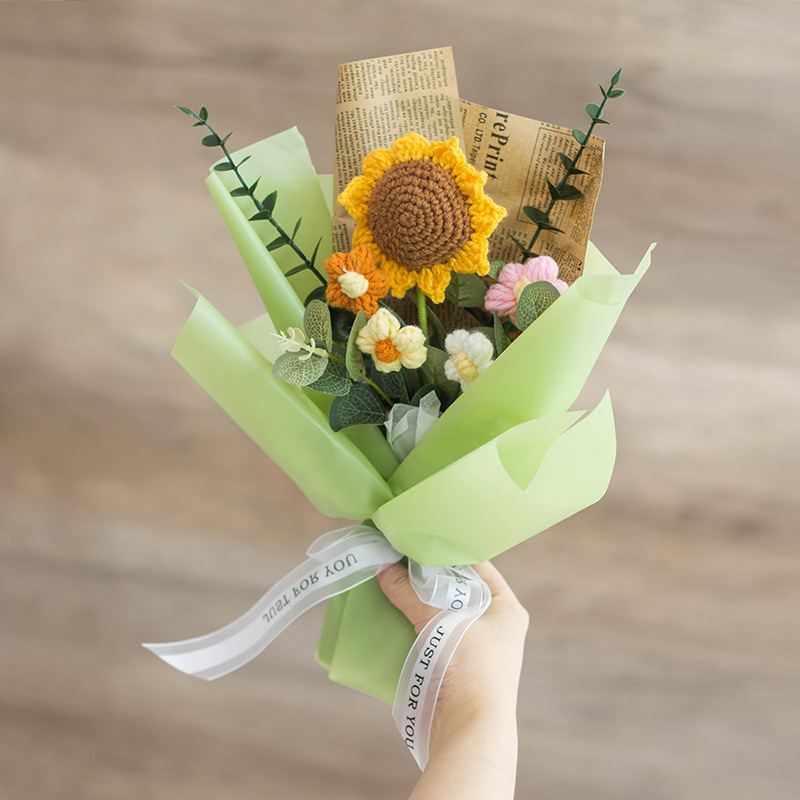 De lana de ganchillo pequeño ramo de regalo girasol acabado flor regalo de negocios lana hecha a mano de bricolaje de ganchillo flor artificial