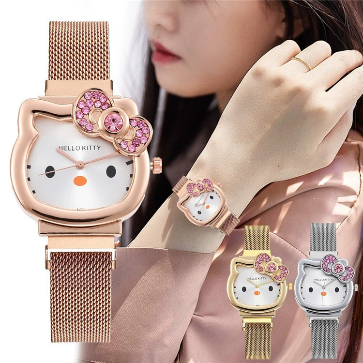 Kitty Cat KT часы с бриллиантовым бантом магнитный ремешок милый мультфильм девушка студенческие часы KT Cat женские часы