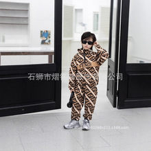 男女中童韩版套装2025年新品小毛圈图案螺纹拉链长袖长裤两件套装