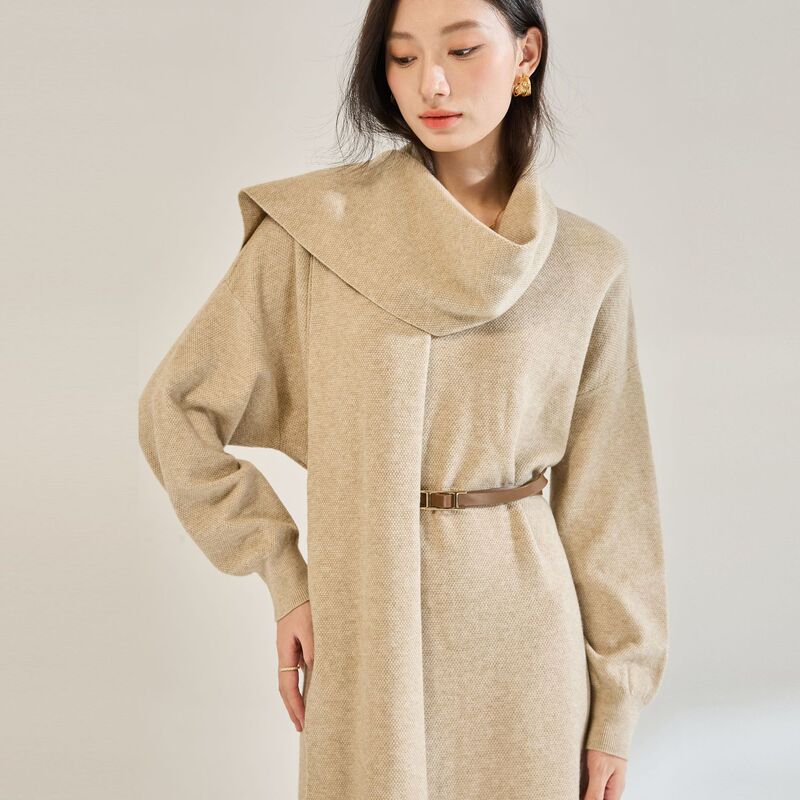 V-Neck Pullover Straight Loose Oversized Sweater Long Over-The-Knee Knitted Dress 22682