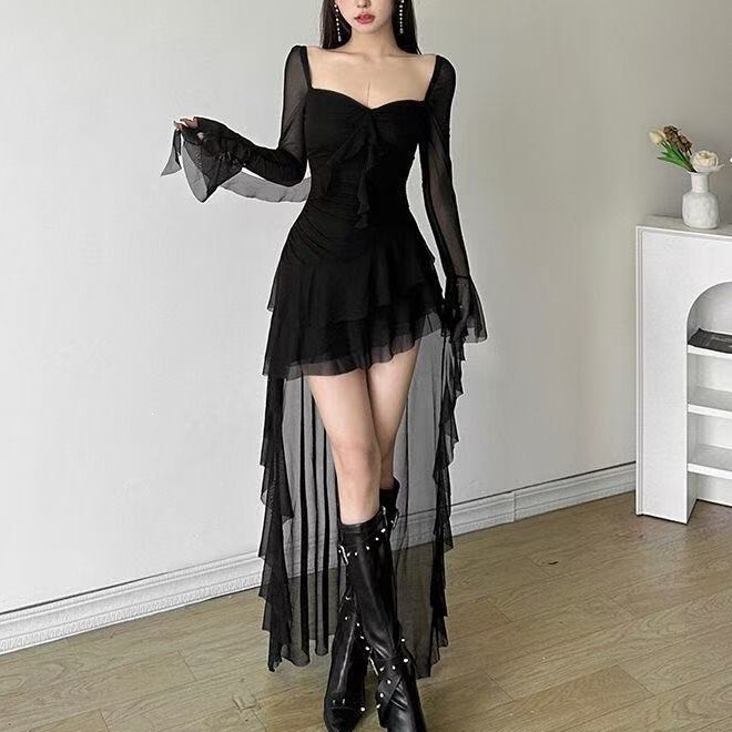 Pure Desire Style Sheer Ruffled Pleated Dress for Women, Spring, Summer, and Autumn, Waist-Cinching Irregular Formal Dress, Cross-Border
