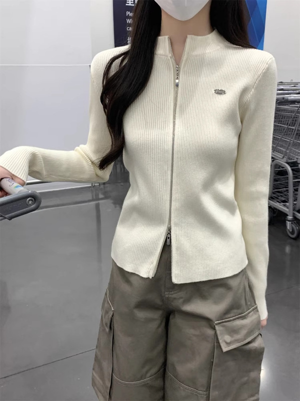 春装2025新款双拉链毛衣外套女开衫立领长袖修身针织上衣内搭打底|undefined