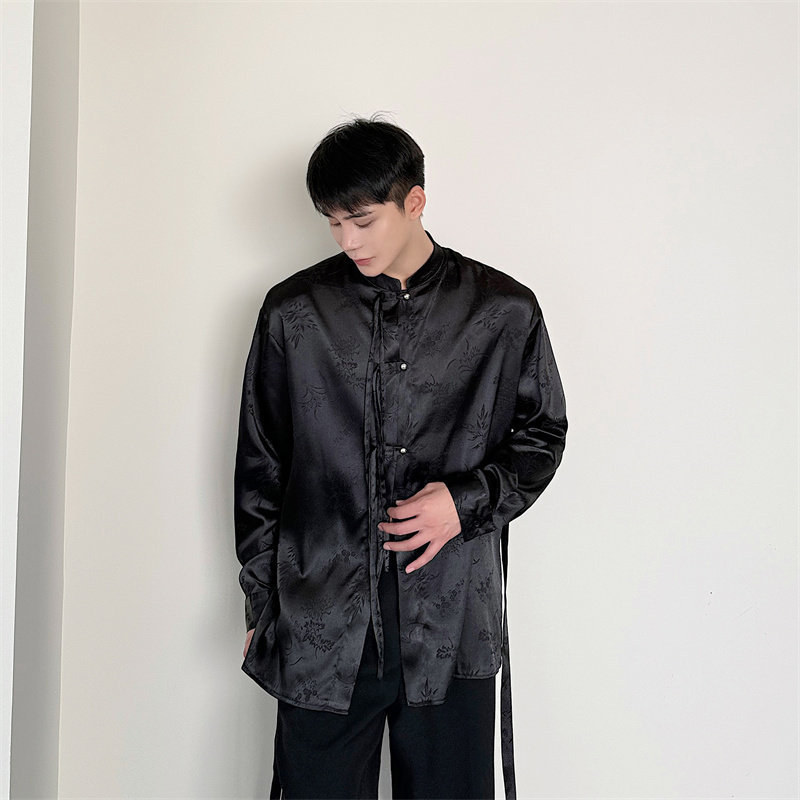 Zen-Inspired Chinese Ancient Style Design Satin Jacquard Half-High Collar Shirt for Men, New Chinese Style Small Stand-Up Collar Shirt Top