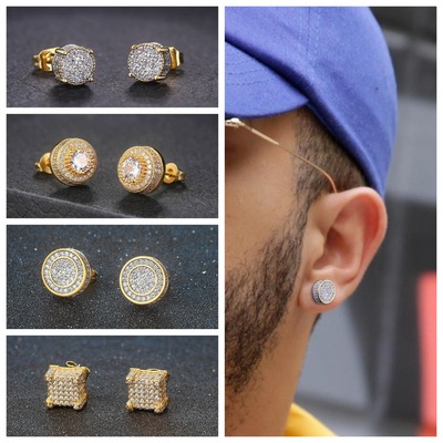 Hip Hop  Street jazz hiphop dance earrings for youth young man Full Zircon Micro Set Stud Earrings Men's gogo dancers  Gold-plated Hiphop Earrings 