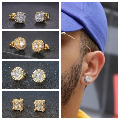 European and American hip-hop full-zirconia micro-embedded earrings for men, trendy gold-plated hiphop earrings, cross-border new jewelry