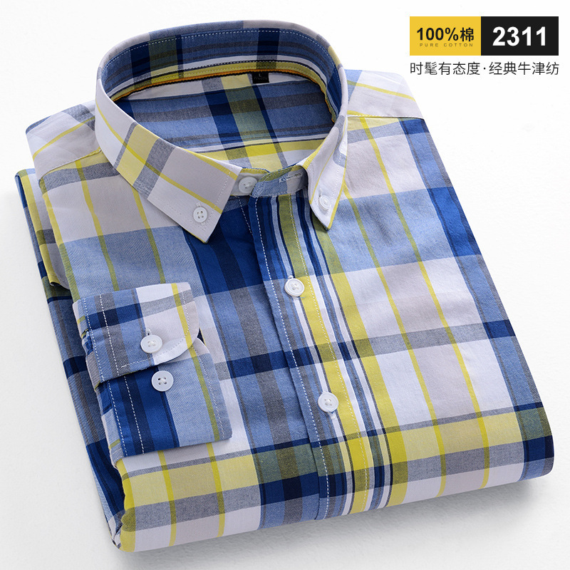 Promotional Spring & Fall New Pure Cotton Plaid Long-Sleeved Shirt Fashionable Korean Style Young Men's Cotton Trendyy Shirt for Single Wear