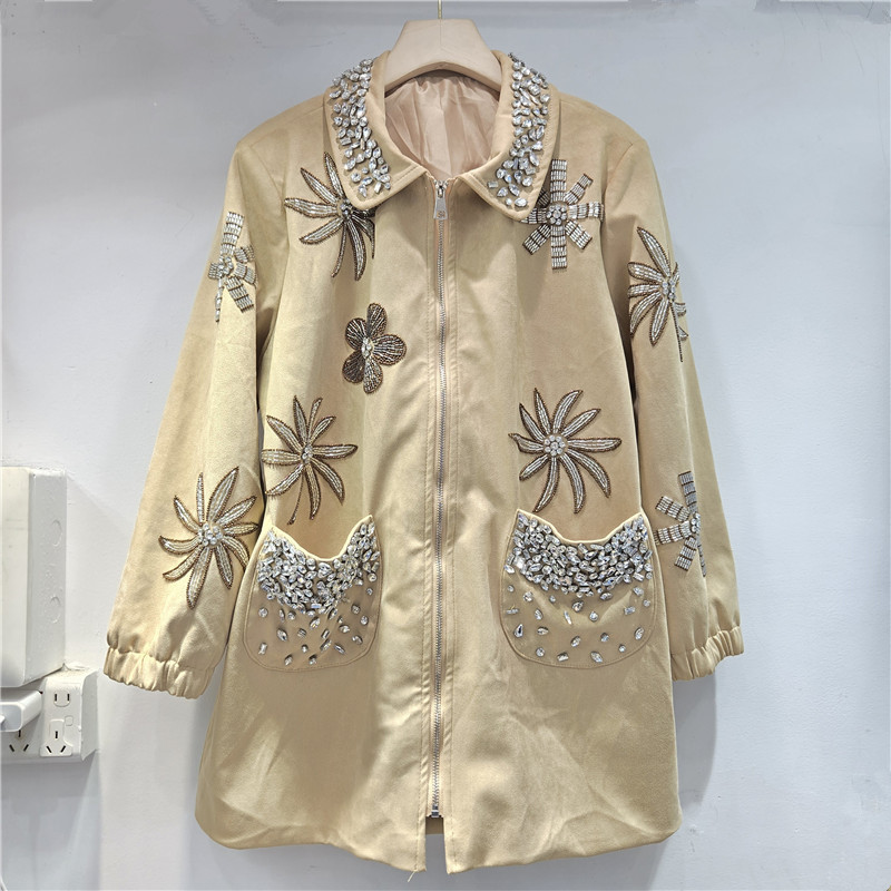 Chaqueta con Cuentas y Flores para Mujer Holgada con Solapa