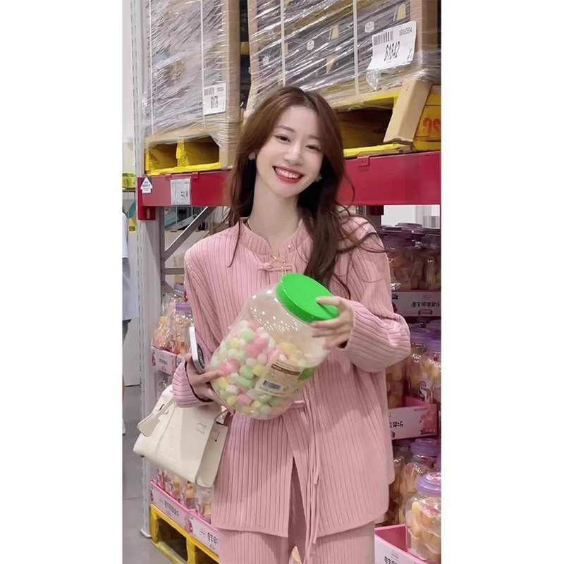 欧洲站女装2025新款洋气减龄高级感粉色阔腿裤套装针织两件套秋冬|undefined