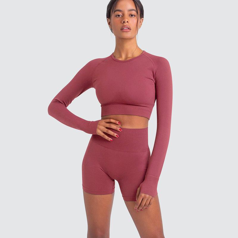 conjunto de yoga de secado rápido de cintura alta de estiramiento alto sin costuras de color sólido NSNS125427